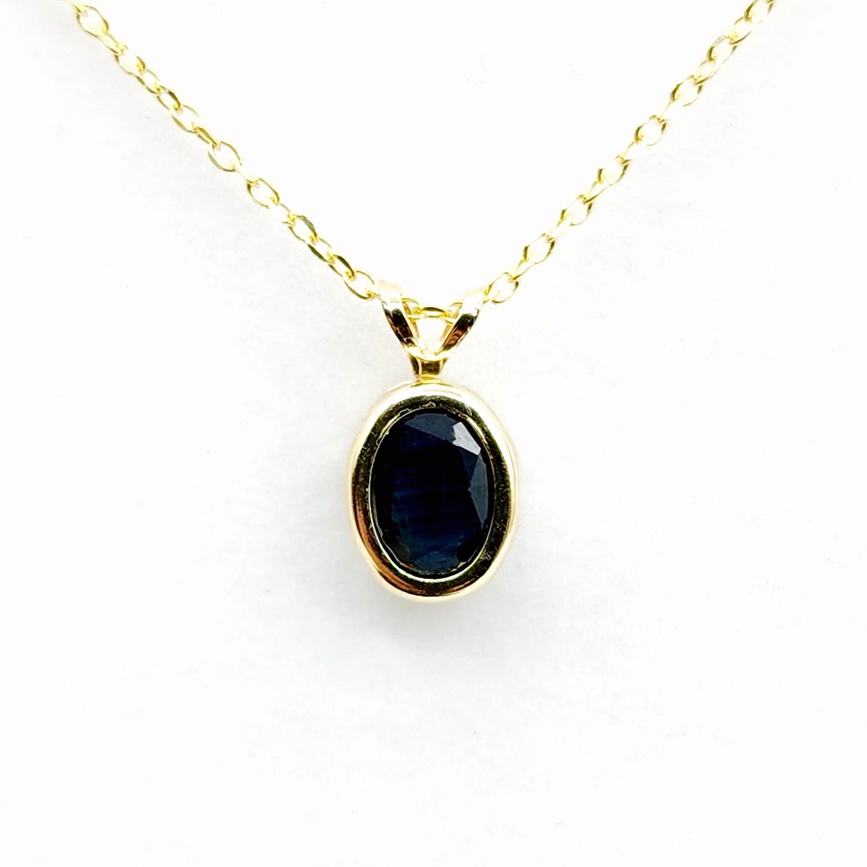 Gold Blue Sapphire Pendant Necklace, 14K Yellow Gold Genuine Oval Blue Sapphire 8x6mm Bezel Pendant Necklace, September Birthstone
