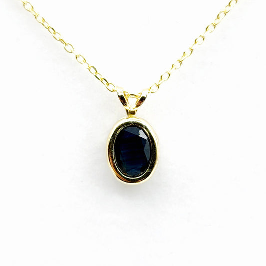Gold Blue Sapphire Pendant Necklace, 14K Yellow Gold Genuine Oval Blue Sapphire 8x6mm Bezel Pendant Necklace, September Birthstone