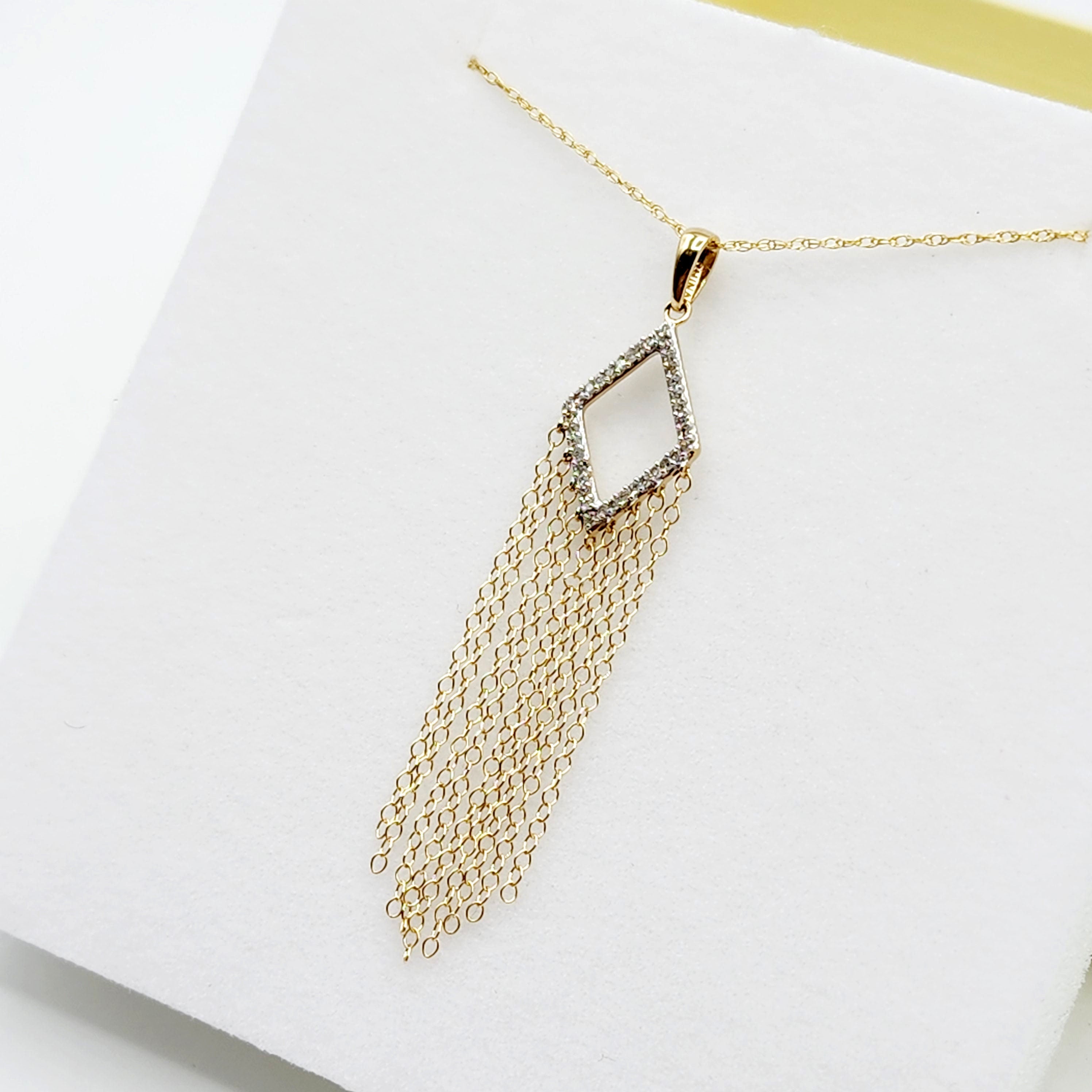 10K Gold Diamond Long Pendant Necklace Kite-Shaped Chandelier Pendant in 10K Gold