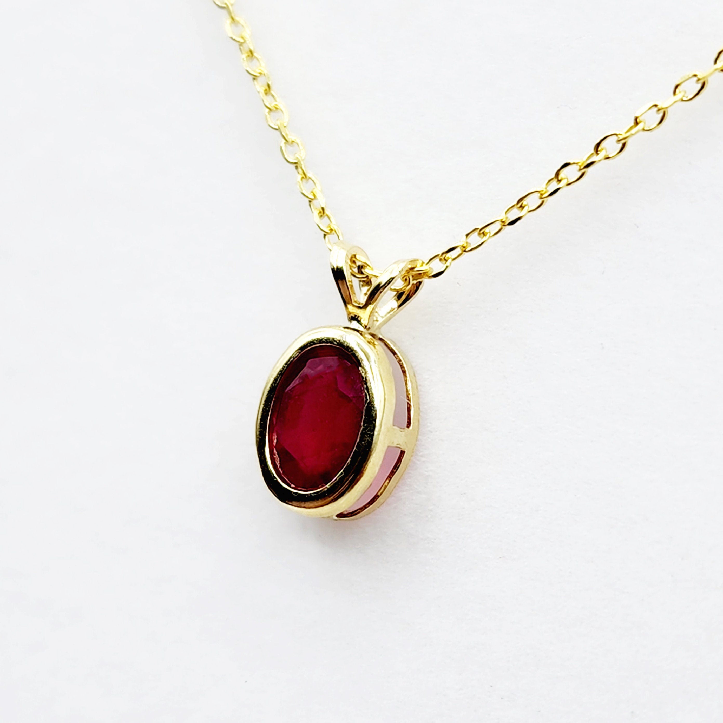 Gold Ruby Pendant Necklace, 14K Yellow Gold Genuine Oval Ruby 8x6mm Bezel Necklace, July Birthstone, Perfect Gift for Women, Elegant Jewelry