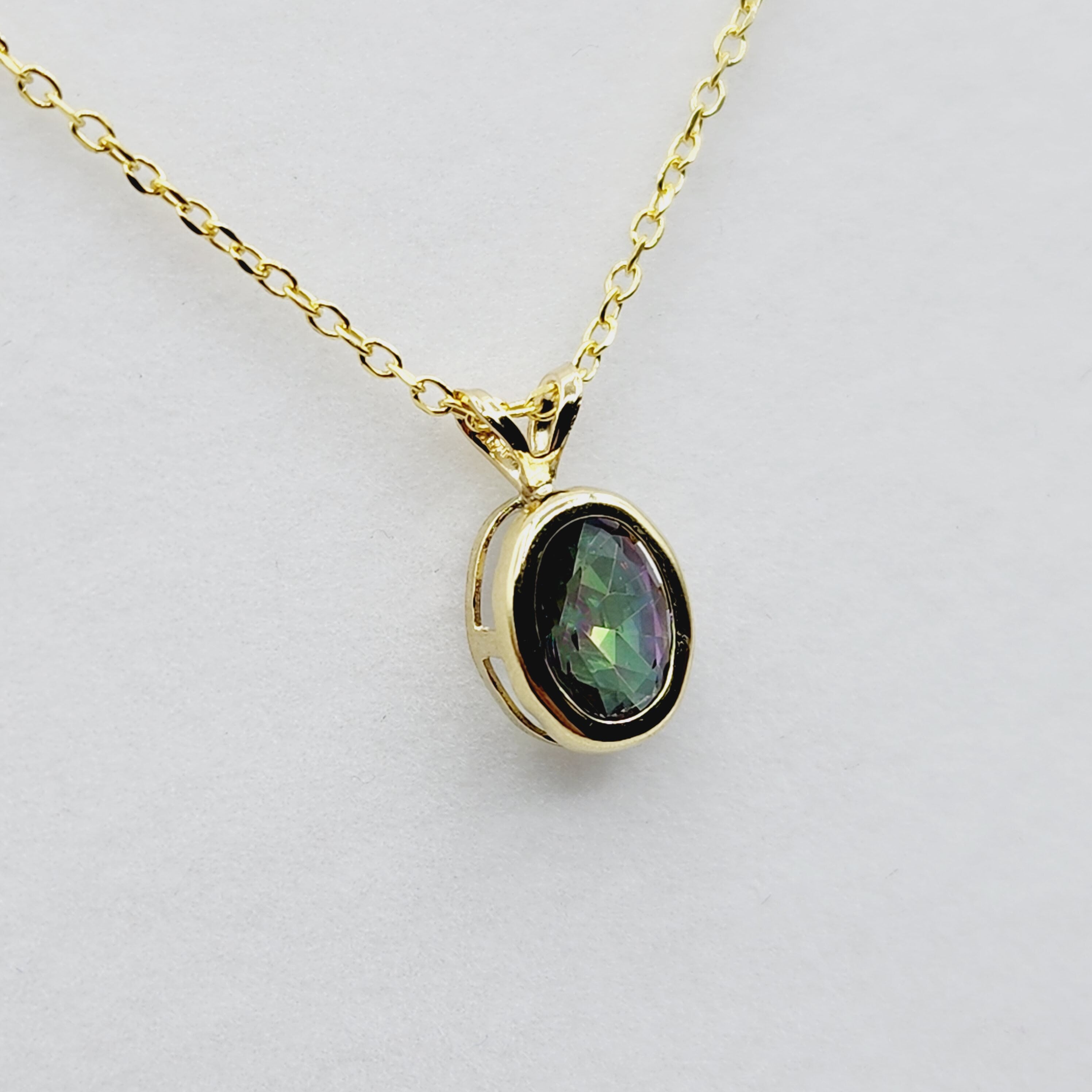 Gold Mystic Topaz Pendant Necklace, 14K Yellow Gold Genuine Oval Mystic Topaz 8x6mm Bezel Pendant Elegant Design Necklace, Dainty Necklace