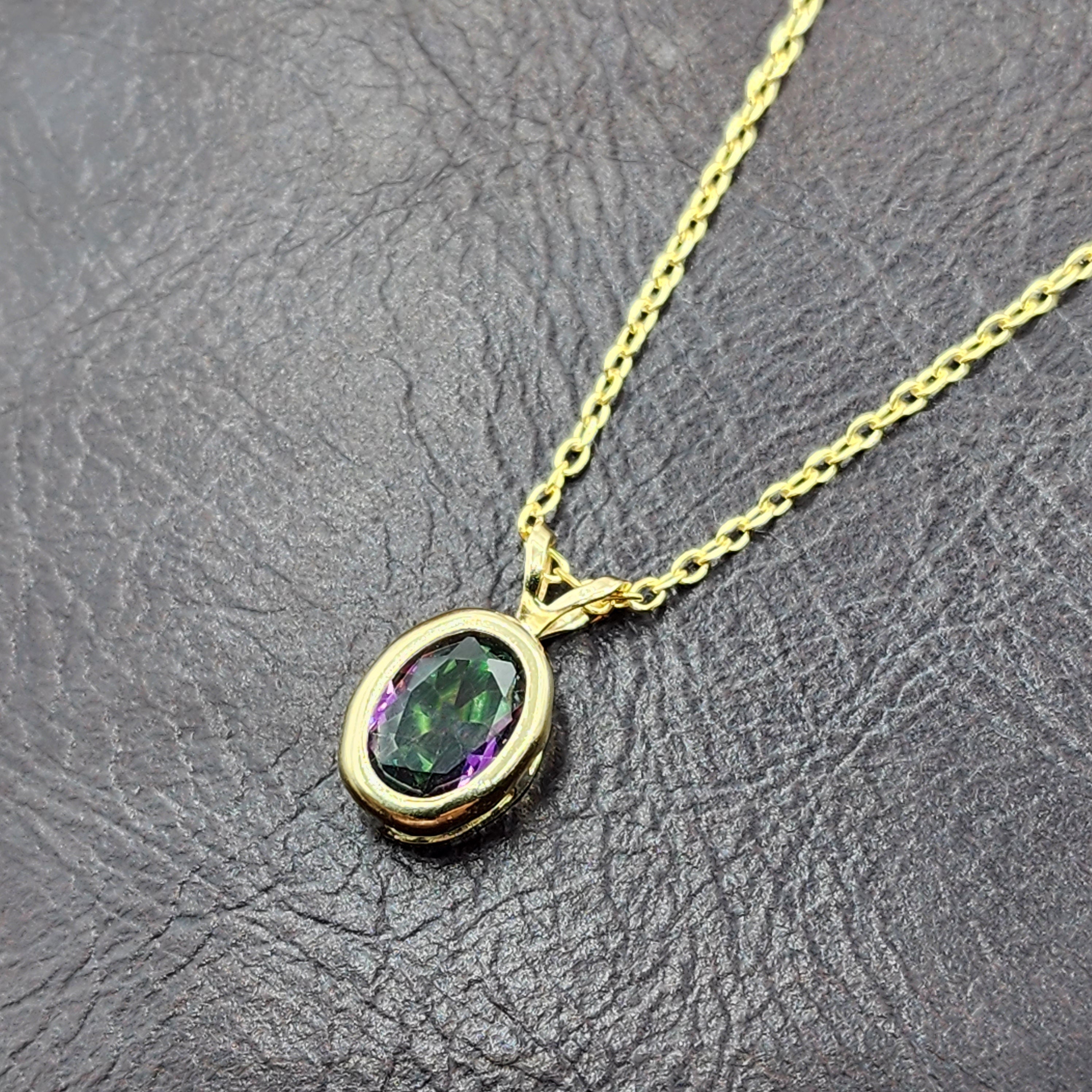 Gold Mystic Topaz Pendant Necklace, 14K Yellow Gold Genuine Oval Mystic Topaz 8x6mm Bezel Pendant Elegant Design Necklace, Dainty Necklace