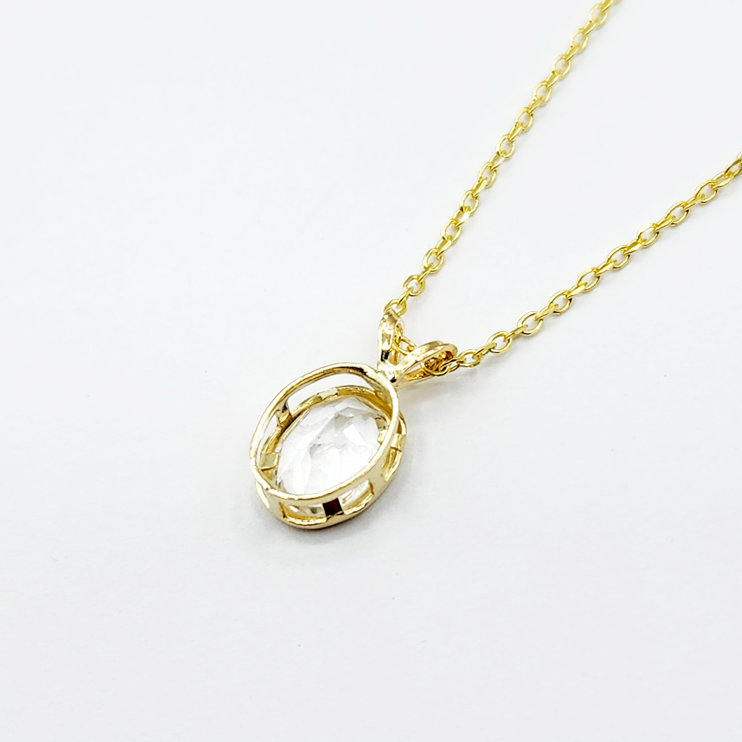 Gold White Topaz Pendant Necklace, 14K Yellow Gold Genuine Oval White Topaz 8x6mm Bezel Pendant Elegant Design Necklace, Dainty Necklace