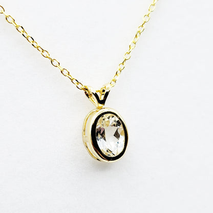 Gold White Topaz Pendant Necklace, 14K Yellow Gold Genuine Oval White Topaz 8x6mm Bezel Pendant Elegant Design Necklace, Dainty Necklace