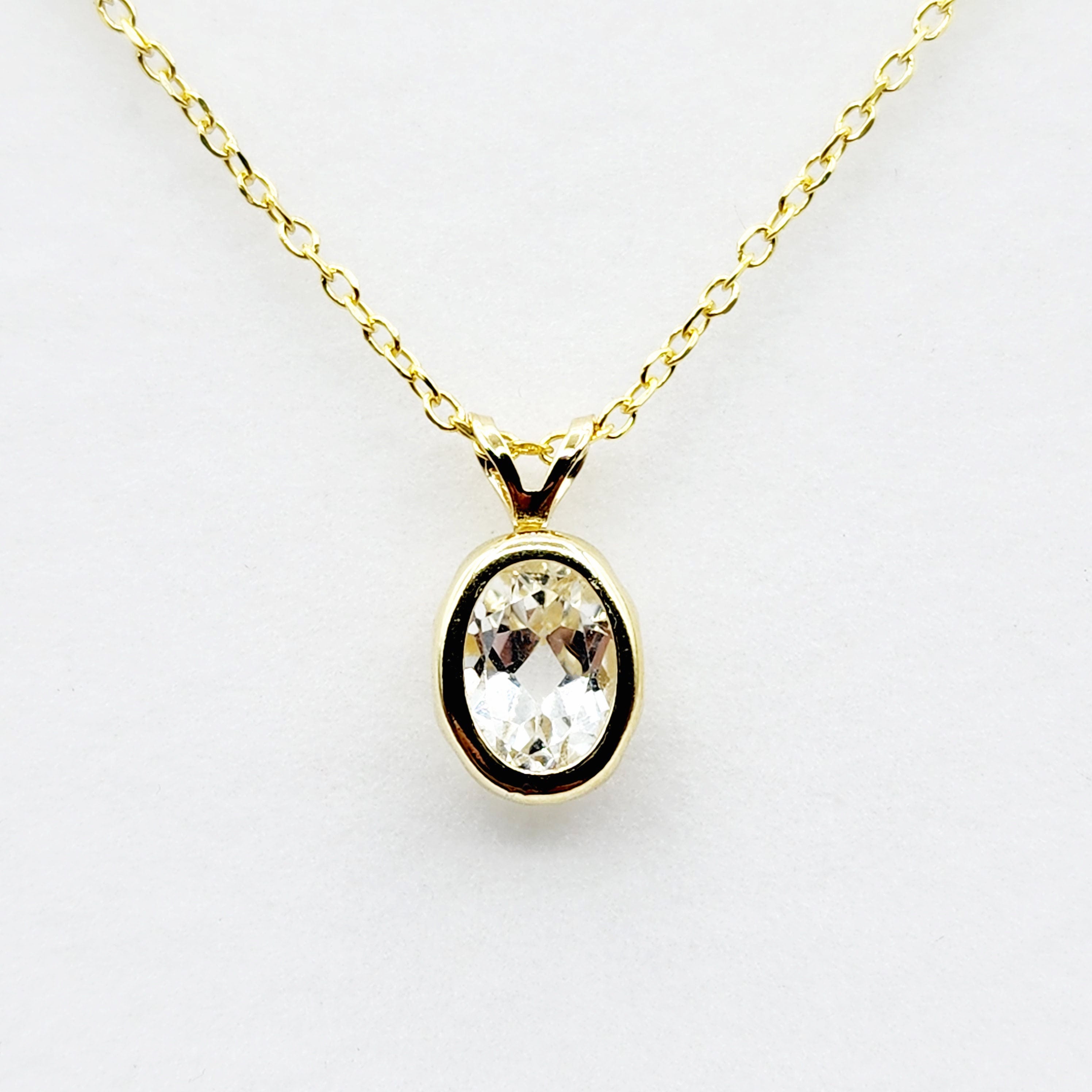 Gold White Topaz Pendant Necklace, 14K Yellow Gold Genuine Oval White Topaz 8x6mm Bezel Pendant Elegant Design Necklace, Dainty Necklace
