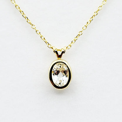 Gold White Topaz Pendant Necklace, 14K Yellow Gold Genuine Oval White Topaz 8x6mm Bezel Pendant Elegant Design Necklace, Dainty Necklace