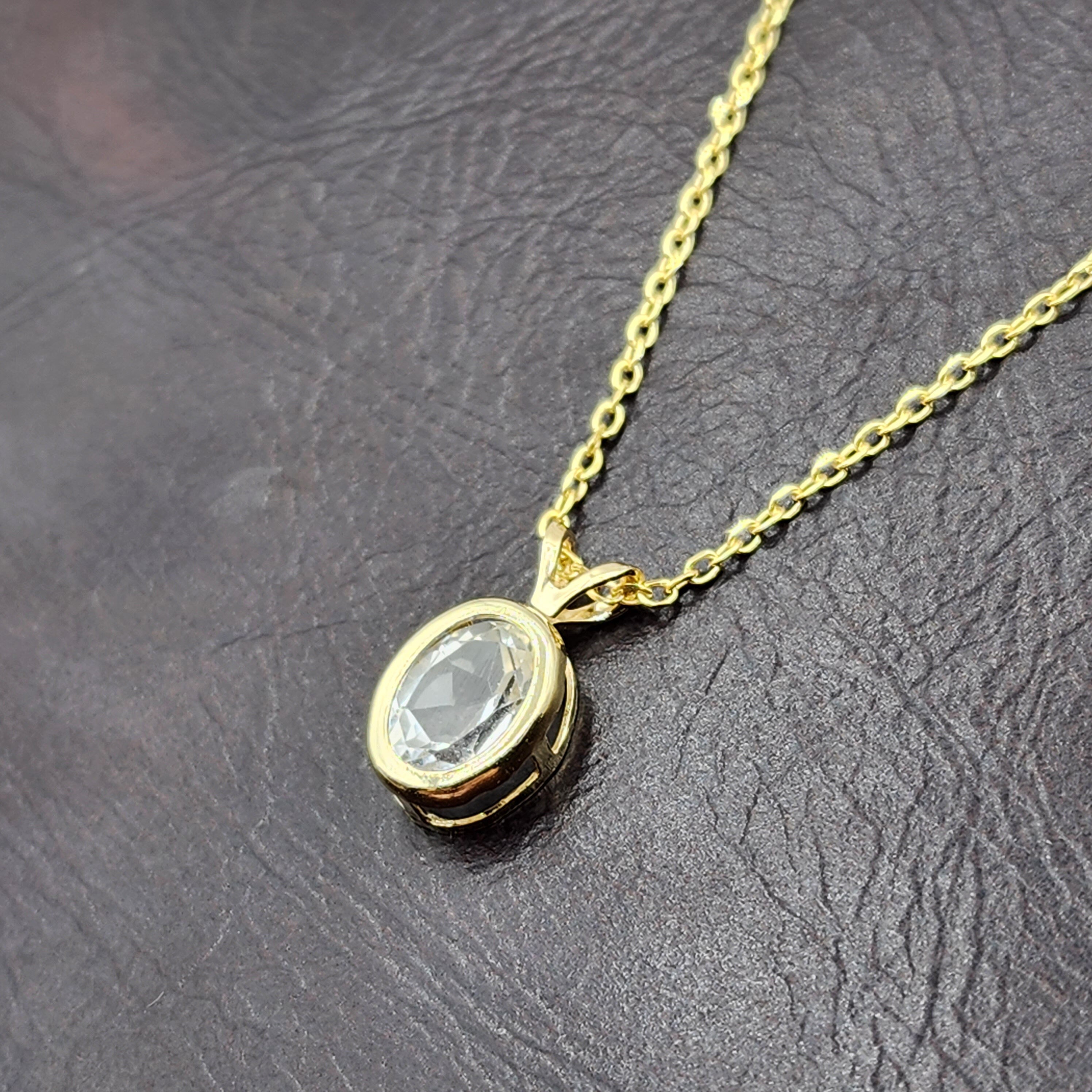 Gold White Topaz Pendant Necklace, 14K Yellow Gold Genuine Oval White Topaz 8x6mm Bezel Pendant Elegant Design Necklace, Dainty Necklace