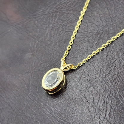 Gold White Topaz Pendant Necklace, 14K Yellow Gold Genuine Oval White Topaz 8x6mm Bezel Pendant Elegant Design Necklace, Dainty Necklace