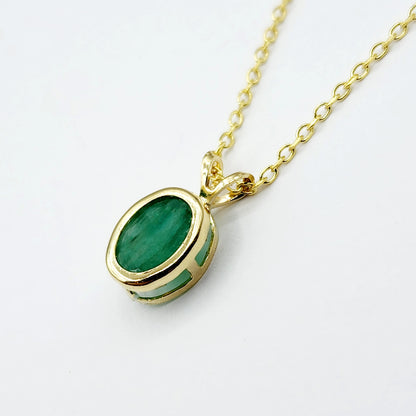 Gold Emerald Pendant Necklace, 14K Yellow Gold Genuine Oval Genuine Emerald  8x6mm Bezel Pendant Necklace, May Birthstone