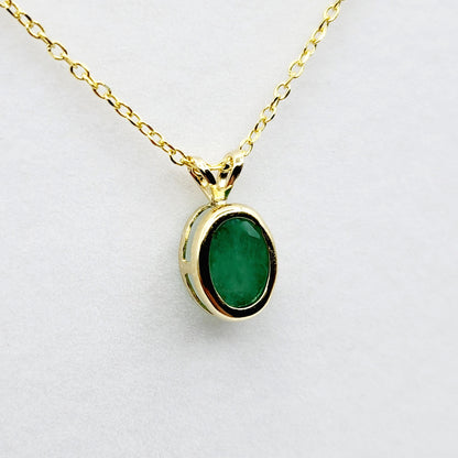 Gold Emerald Pendant Necklace, 14K Yellow Gold Genuine Oval Genuine Emerald  8x6mm Bezel Pendant Necklace, May Birthstone