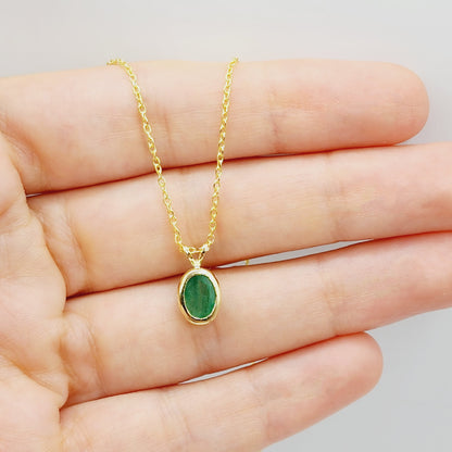 Gold Emerald Pendant Necklace, 14K Yellow Gold Genuine Oval Genuine Emerald  8x6mm Bezel Pendant Necklace, May Birthstone