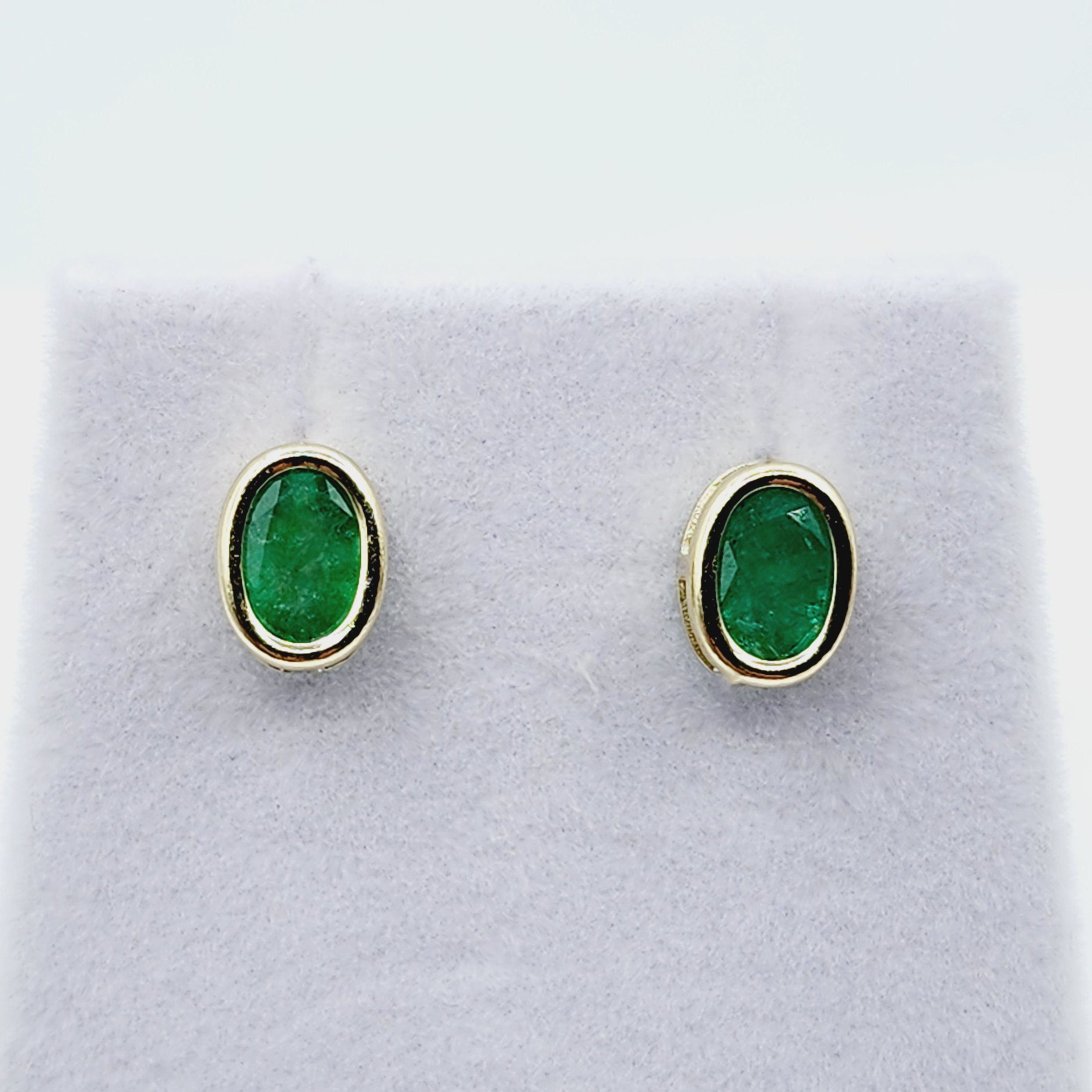 Gold Natural Emerald Stud Earrings , 14K Yellow Gold Emerald 7x5mm Bezel Stud Earrings, May Birthstone Jewelry, Genuine Emerald