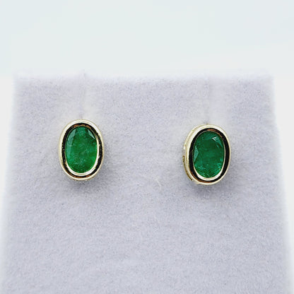 Gold Natural Emerald Stud Earrings , 14K Yellow Gold Emerald 7x5mm Bezel Stud Earrings, May Birthstone Jewelry, Genuine Emerald