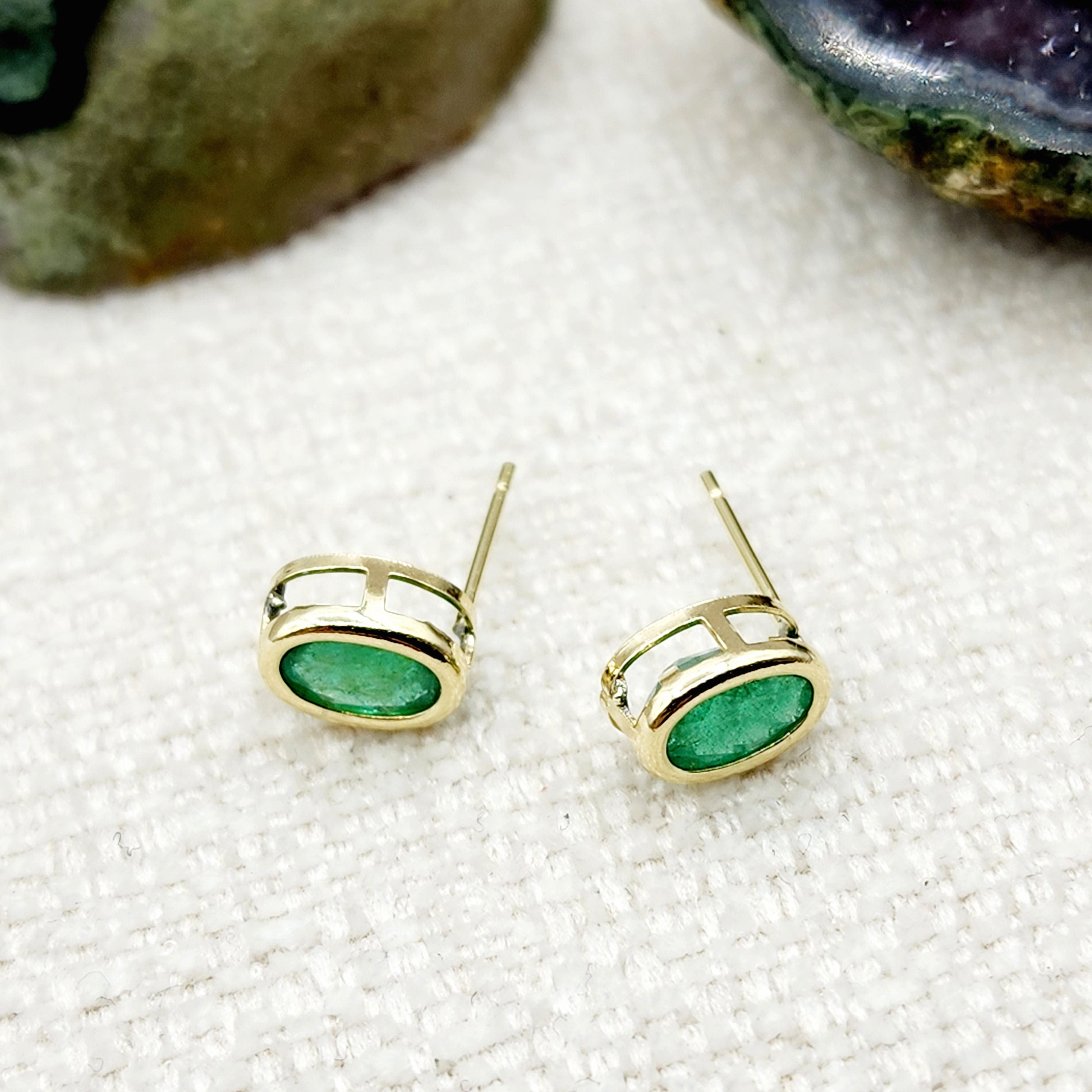 Gold Natural Emerald Stud Earrings , 14K Yellow Gold Emerald 7x5mm Bezel Stud Earrings, May Birthstone Jewelry, Genuine Emerald