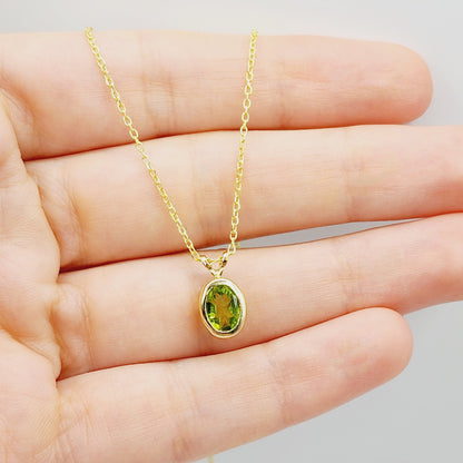 Gold Peridot Pendant Necklace, 14K Yellow Gold Genuine Oval Peridot 8x6mm Bezel Pendant Necklace, August Birthstone, Green Gemstone Jewelry