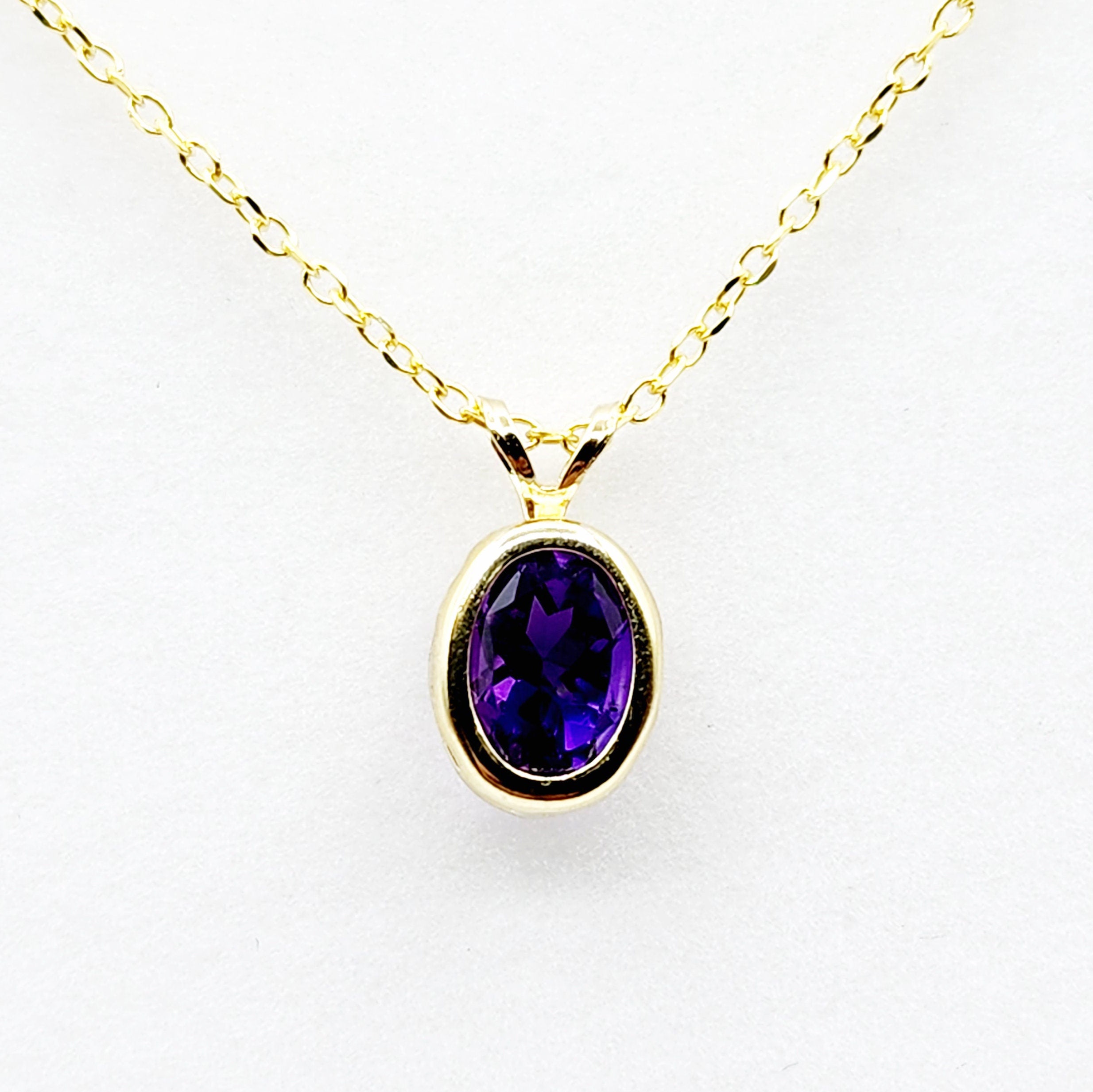 Gold Amethyst Pendant Necklace, 14K Yellow Gold Genuine Oval Amethyst 8x6mm Bezel Pendant Elegant Design Necklace, Purple Stone Necklace