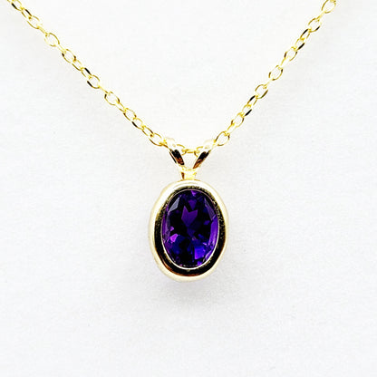 Gold Amethyst Pendant Necklace, 14K Yellow Gold Genuine Oval Amethyst 8x6mm Bezel Pendant Elegant Design Necklace, Purple Stone Necklace