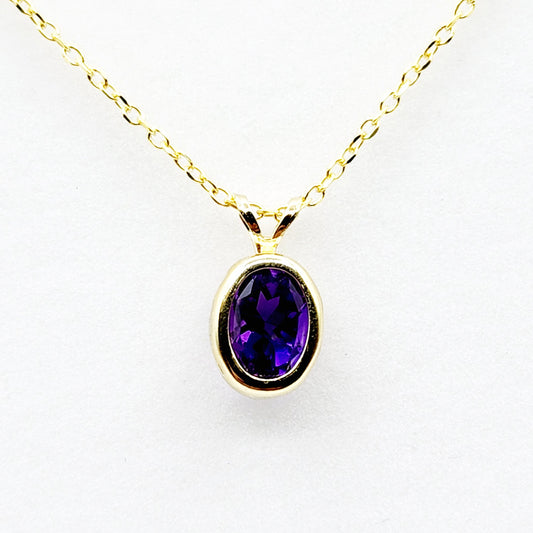 Gold Amethyst Pendant Necklace, 14K Yellow Gold Genuine Oval Amethyst 8x6mm Bezel Pendant Elegant Design Necklace, Purple Stone Necklace