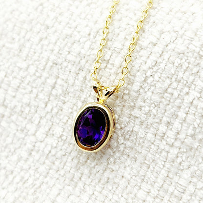 Gold Amethyst Pendant Necklace, 14K Yellow Gold Genuine Oval Amethyst 8x6mm Bezel Pendant Elegant Design Necklace, Purple Stone Necklace