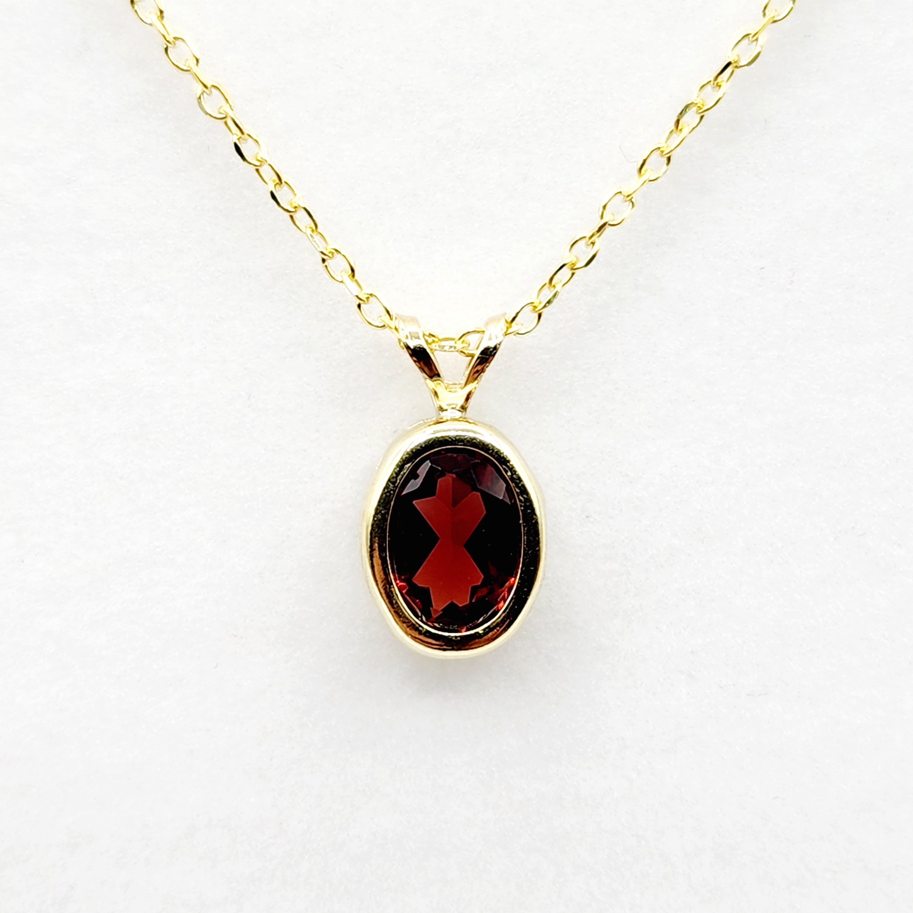 Gold Garnet Pendant Necklace, 14K Yellow Gold Genuine Oval Garnet 8x6mm Bezel Pendant Elegant Design Necklace, Red Stone Necklace