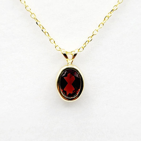 Gold Garnet Pendant Necklace, 14K Yellow Gold Genuine Oval Garnet 8x6mm Bezel Pendant Elegant Design Necklace, Red Stone Necklace