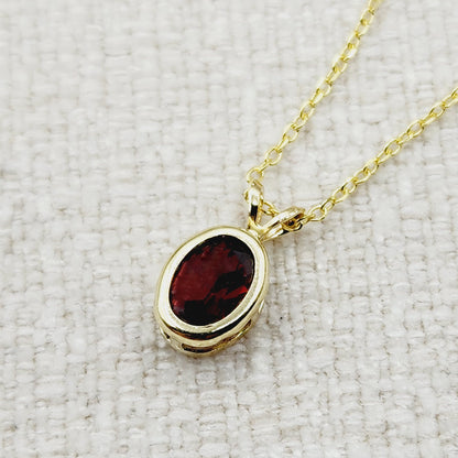 Gold Garnet Pendant Necklace, 14K Yellow Gold Genuine Oval Garnet 8x6mm Bezel Pendant Elegant Design Necklace, Red Stone Necklace