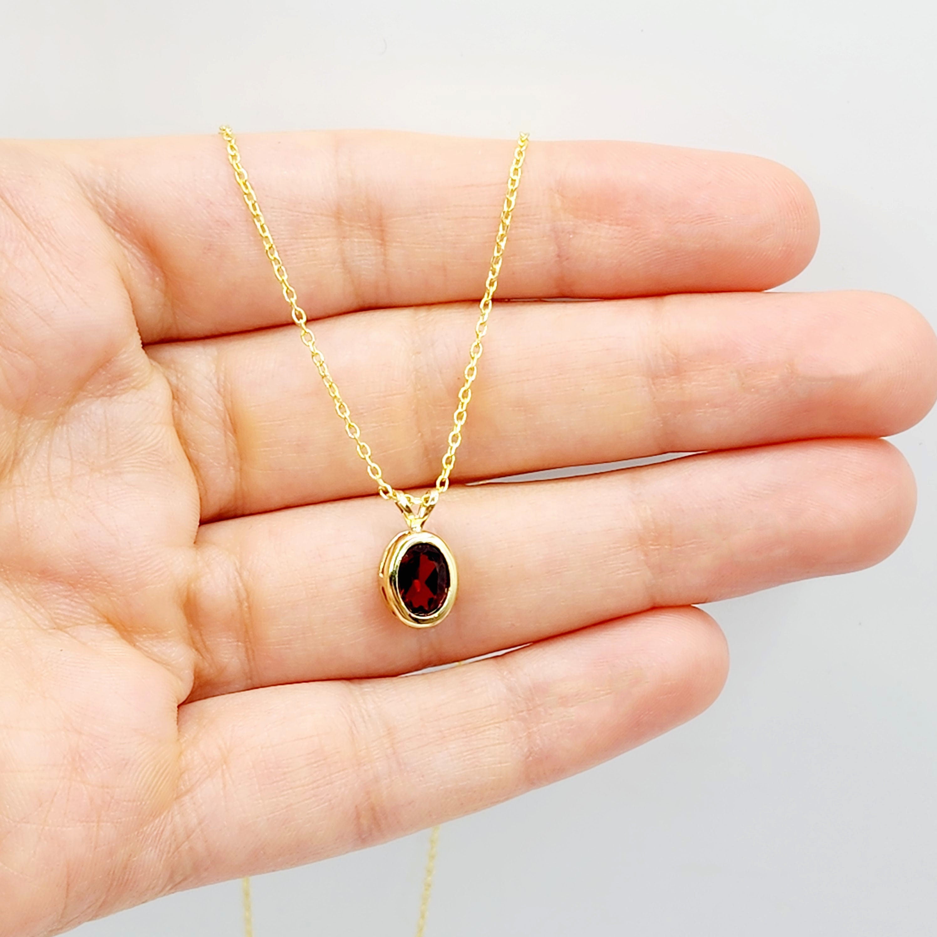 Gold Garnet Pendant Necklace, 14K Yellow Gold Genuine Oval Garnet 8x6mm Bezel Pendant Elegant Design Necklace, Red Stone Necklace