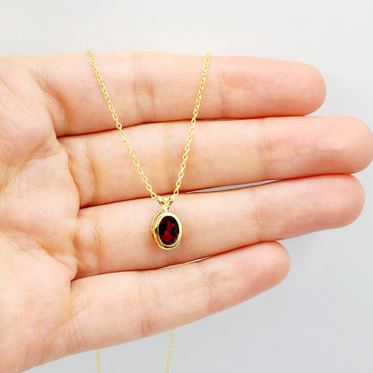 Gold Garnet Pendant Necklace, 14K Yellow Gold Genuine Oval Garnet 8x6mm Bezel Pendant Elegant Design Necklace, Red Stone Necklace