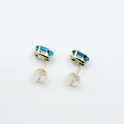 Gold Blue Topaz Stud Earrings, 10K Yellow Gold Blue Topaz 7x5mm Stud Earrings, Handmade Earrings, Gemstone Earrings, December Birthstone