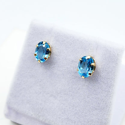 Gold Blue Topaz Stud Earrings, 10K Yellow Gold Blue Topaz 7x5mm Stud Earrings, Handmade Earrings, Gemstone Earrings, December Birthstone