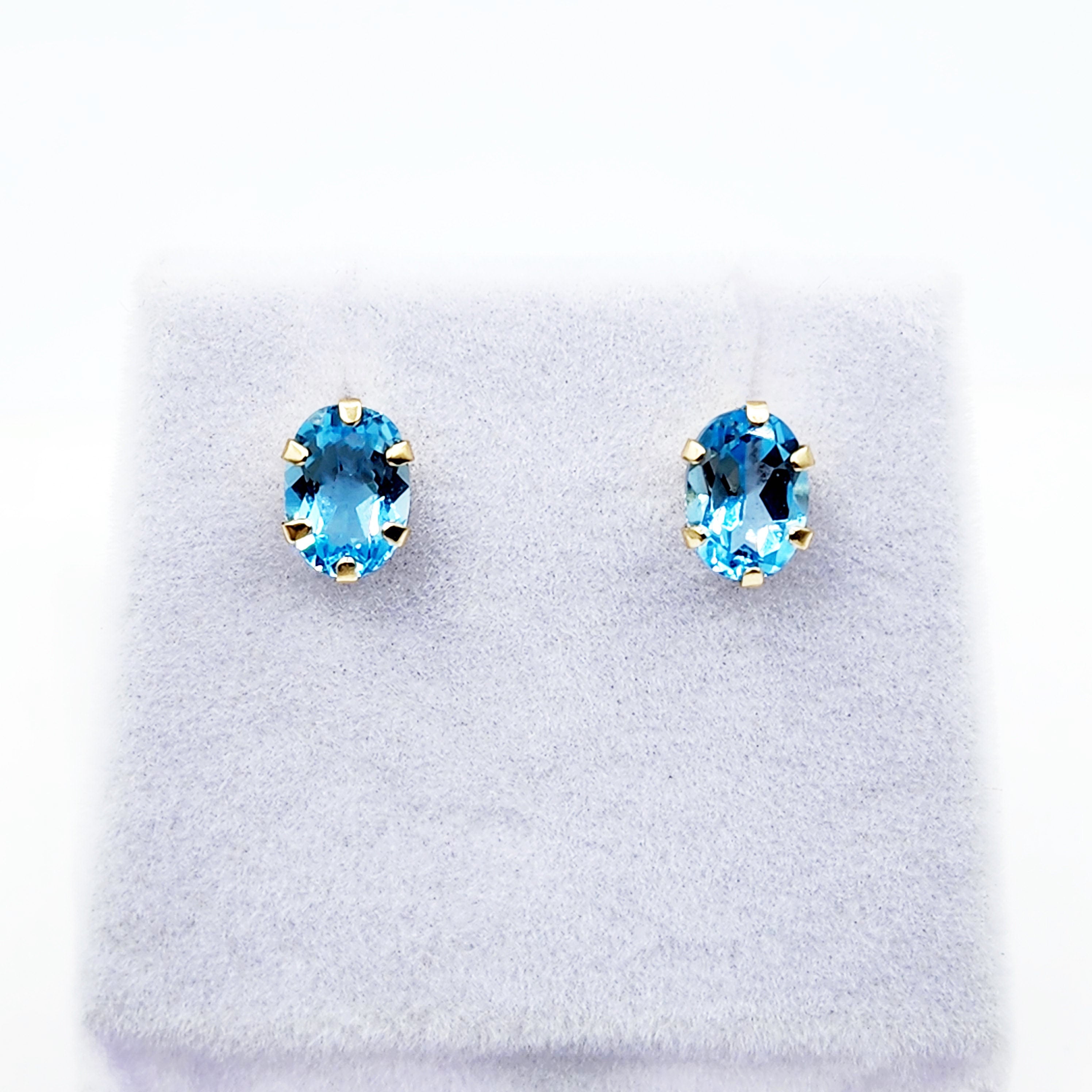 Gold Blue Topaz Stud Earrings, 10K Yellow Gold Blue Topaz 7x5mm Stud Earrings, Handmade Earrings, Gemstone Earrings, December Birthstone
