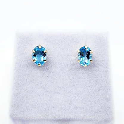 Gold Blue Topaz Stud Earrings, 10K Yellow Gold Blue Topaz 7x5mm Stud Earrings, Handmade Earrings, Gemstone Earrings, December Birthstone