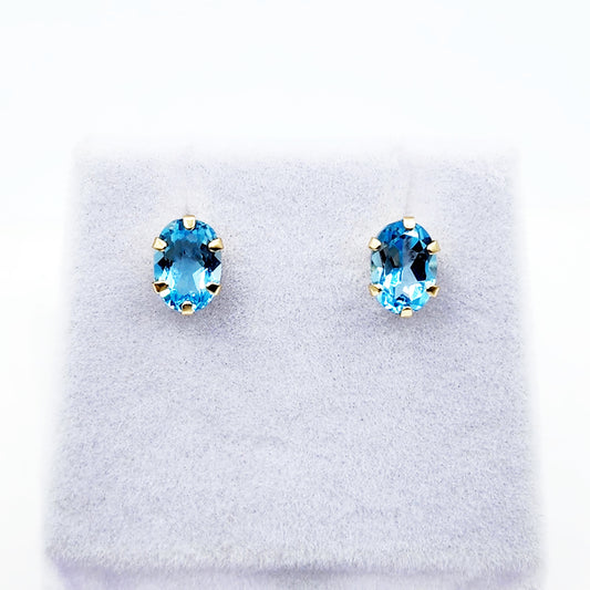 Gold Blue Topaz Stud Earrings, 10K Yellow Gold Blue Topaz 7x5mm Stud Earrings, Handmade Earrings, Gemstone Earrings, December Birthstone
