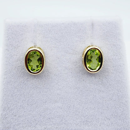 Gold Peridot Bezel Stud Earrings, 14K Yellow Gold Genuine Peridot 8x6mm Earrings, August Birthstone, Green Gemstone Earrings For Women