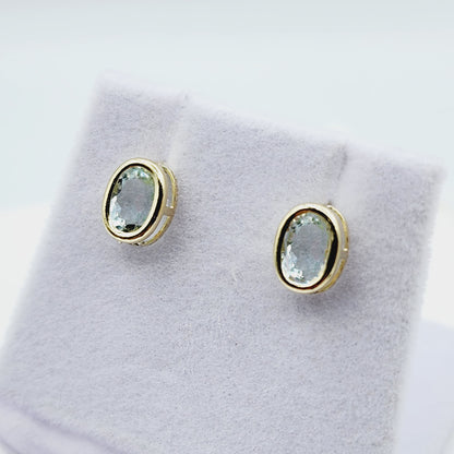 Gold Aquamarine Bezel Stud Earrings, 14K Yellow Gold Aquamarine 8x6mm Stud Earrings, March birthstone, Anniversary Gift, Birthday Gift