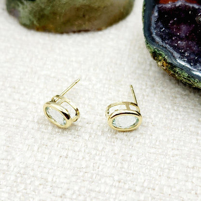 Gold Aquamarine Bezel Stud Earrings, 14K Yellow Gold Aquamarine 8x6mm Stud Earrings, March birthstone, Anniversary Gift, Birthday Gift