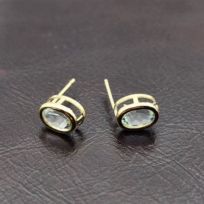Gold Aquamarine Bezel Stud Earrings, 14K Yellow Gold Aquamarine 8x6mm Stud Earrings, March birthstone, Anniversary Gift, Birthday Gift