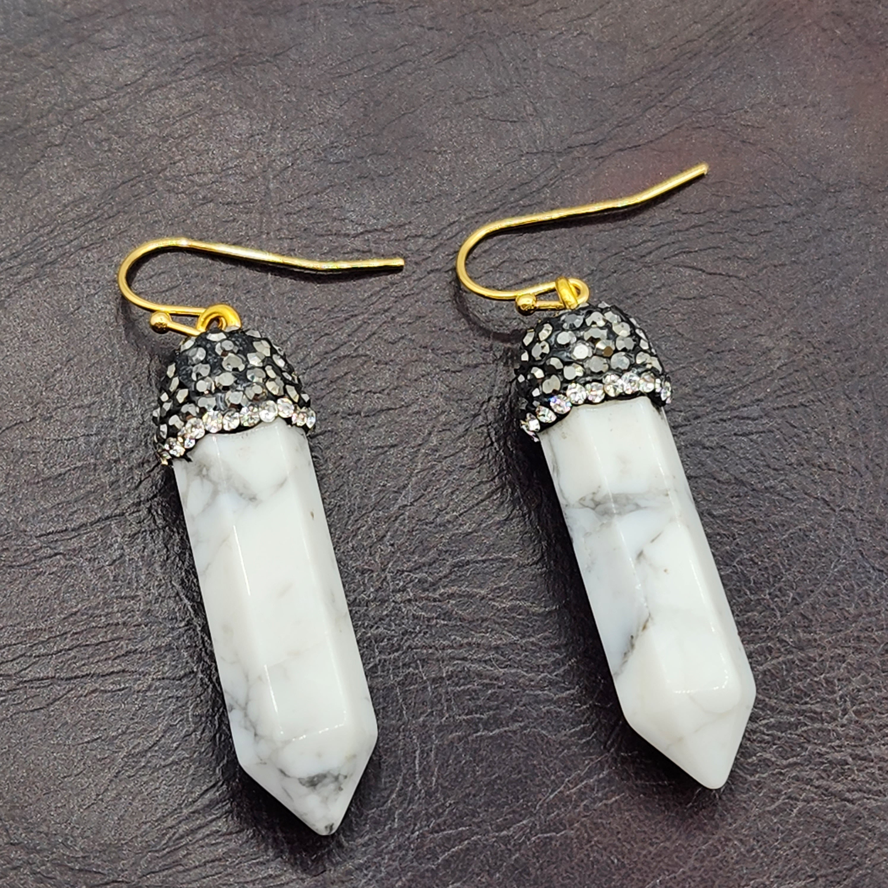 Genuine Howlite Crystal Earrings, Natural Howlite Crystal Tower Point Earrings, Healing Crystal Earrings, Women's Dangle Earrings