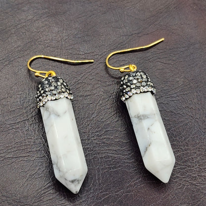 Genuine Howlite Crystal Earrings, Natural Howlite Crystal Tower Point Earrings, Healing Crystal Earrings, Women's Dangle Earrings