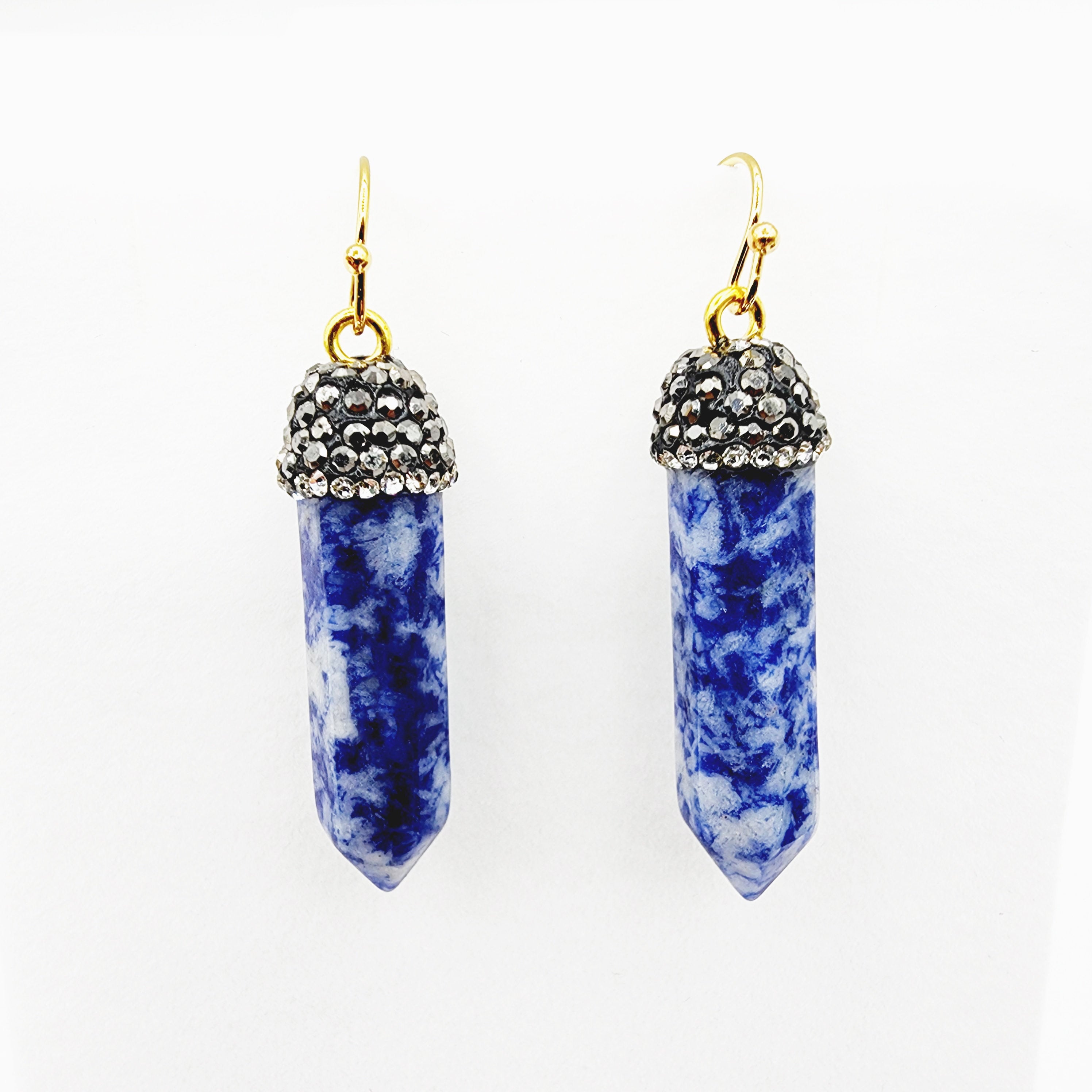 Genuine Spotted Blue Jasper Point and Crystal Cap Earrings, Blue Jasper Crystal Tower Point Earrings, Big Gemstone Women's Dangle Earrings