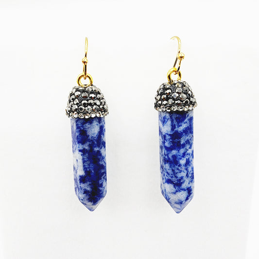 Genuine Spotted Blue Jasper Point and Crystal Cap Earrings, Blue Jasper Crystal Tower Point Earrings, Big Gemstone Women's Dangle Earrings