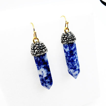 Genuine Spotted Blue Jasper Point and Crystal Cap Earrings, Blue Jasper Crystal Tower Point Earrings, Big Gemstone Women's Dangle Earrings