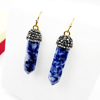 Genuine Spotted Blue Jasper Point and Crystal Cap Earrings, Blue Jasper Crystal Tower Point Earrings, Big Gemstone Women's Dangle Earrings