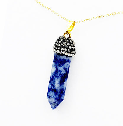 Genuine Spotted Blue Jasper Point and Crystal Cap Pendant Necklace, Elegant Point Necklace, Genuine Gemstone Jewelry