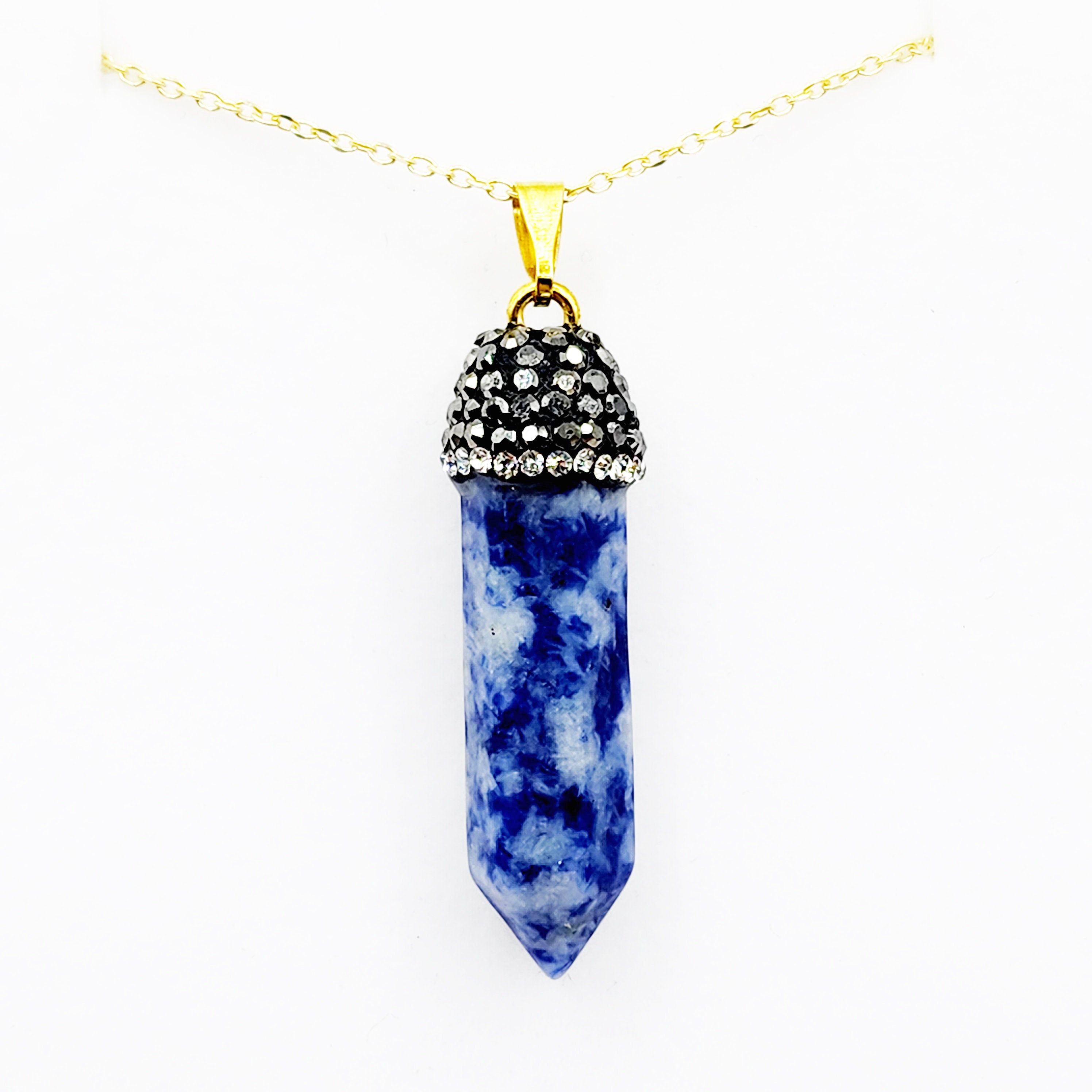 Genuine Spotted Blue Jasper Point and Crystal Cap Pendant Necklace, Elegant Point Necklace, Genuine Gemstone Jewelry