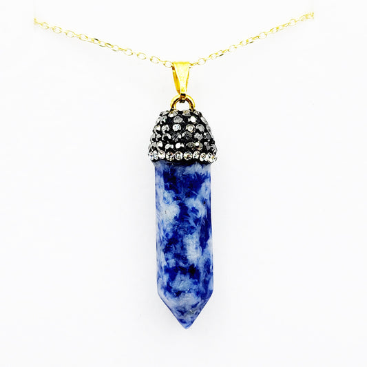 Genuine Spotted Blue Jasper Point and Crystal Cap Pendant Necklace, Elegant Point Necklace, Genuine Gemstone Jewelry
