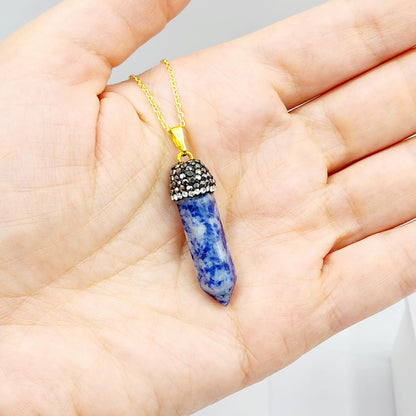 Genuine Spotted Blue Jasper Point and Crystal Cap Pendant Necklace, Elegant Point Necklace, Genuine Gemstone Jewelry