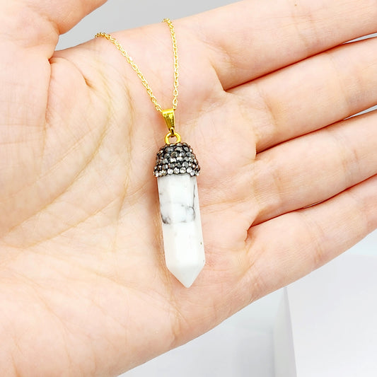 Genuine Howlite Point and Crystal Cap Pendant Necklace, Elegant Point Necklace, Genuine Gemstone Jewelry