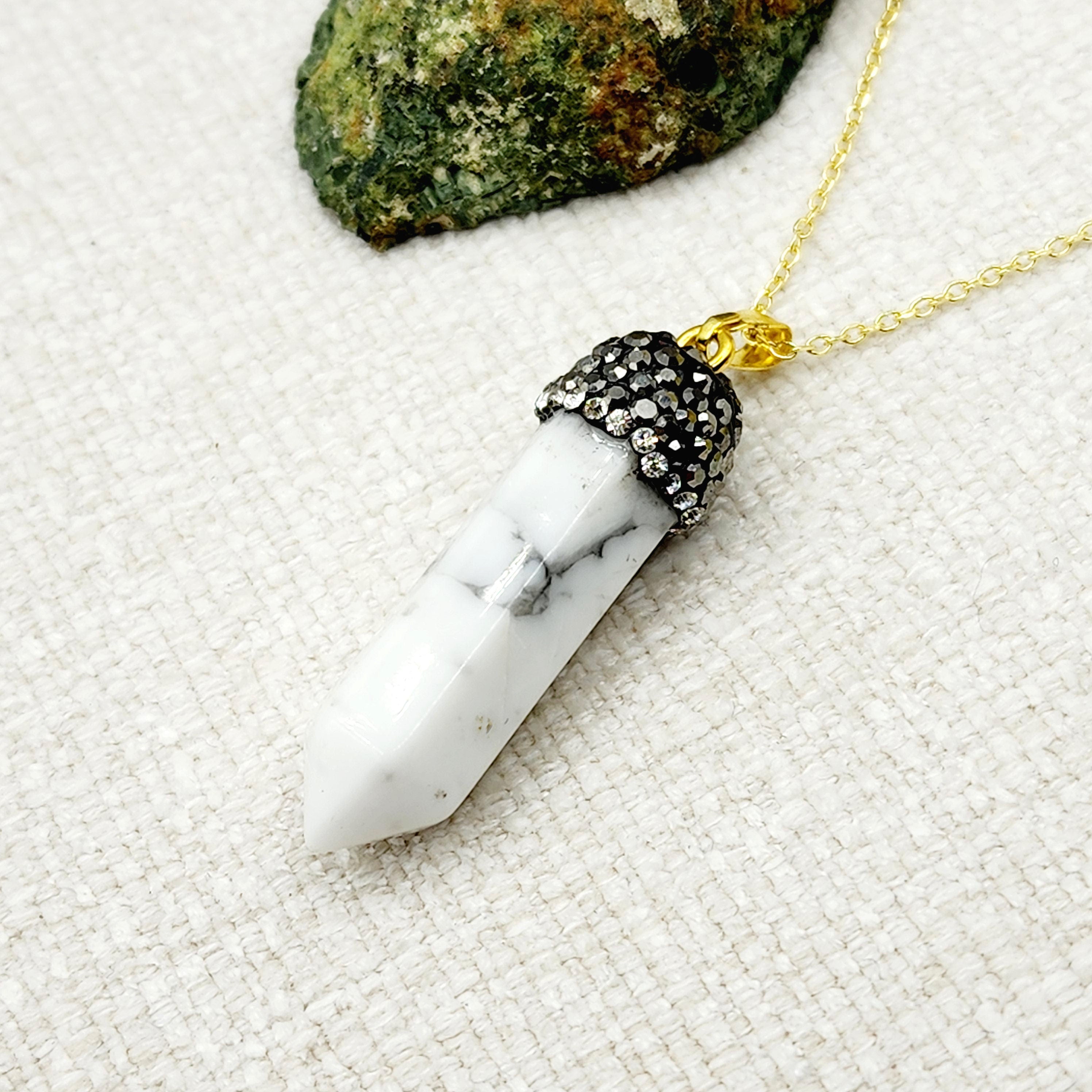Genuine Howlite Point and Crystal Cap Pendant Necklace, Elegant Point Necklace, Genuine Gemstone Jewelry