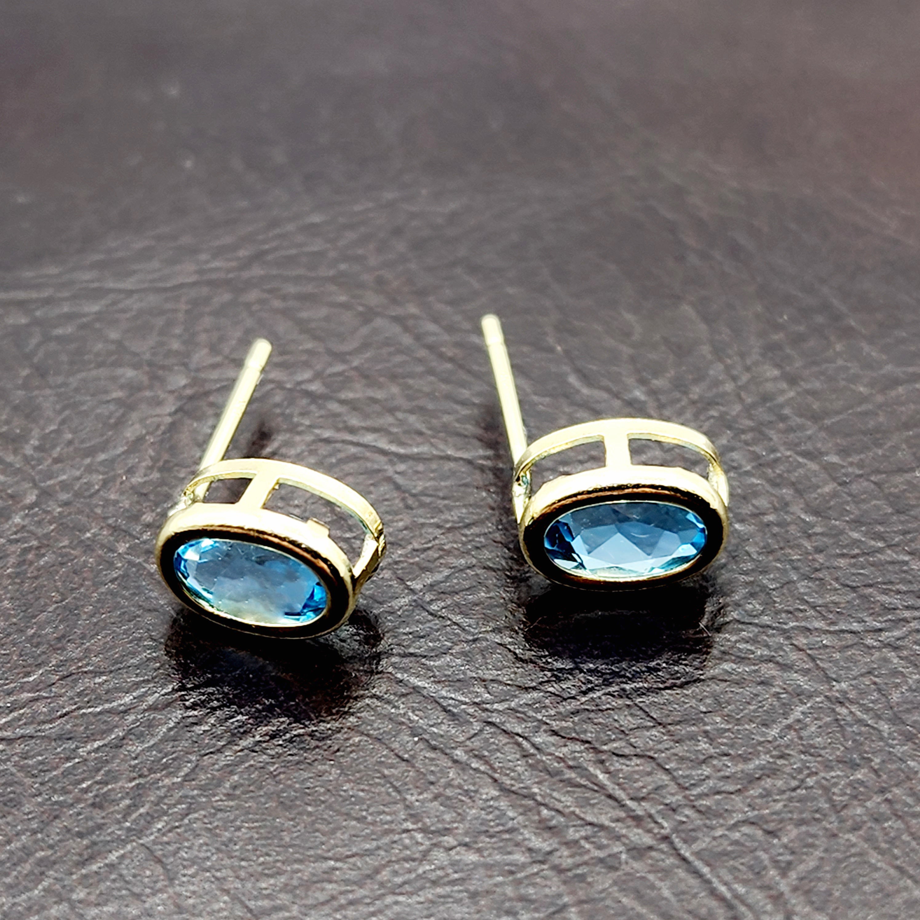 Gold Blue Topaz Bezel Stud Earrings, 14K Yellow Gold Genuine Blue Topaz 8x6mm Stud Earrings, Earrings For Women, Gift For Her